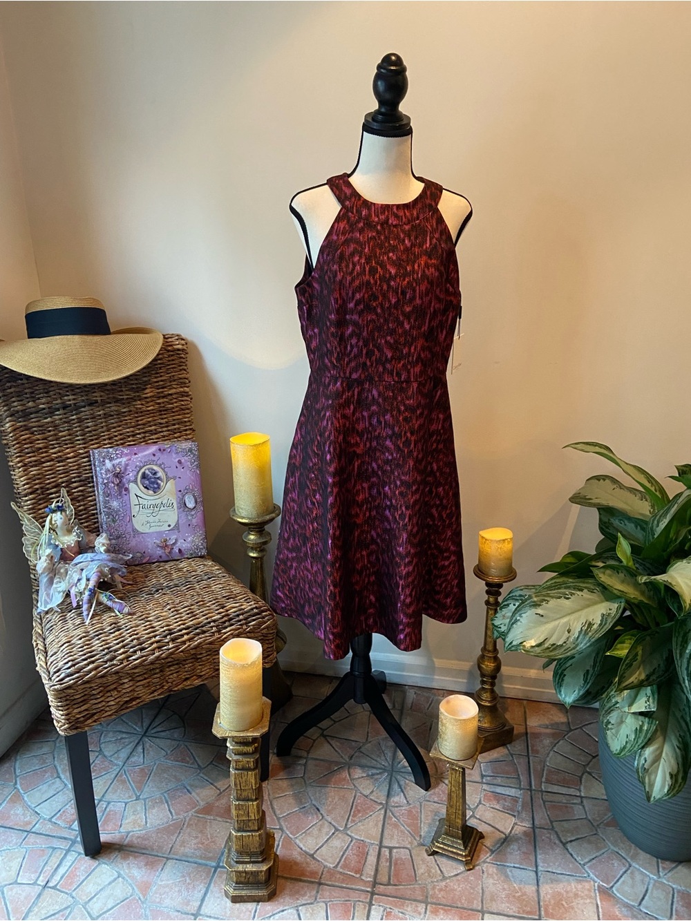 Calvin Klein Wine-Red Patterned Halter Midi Dress